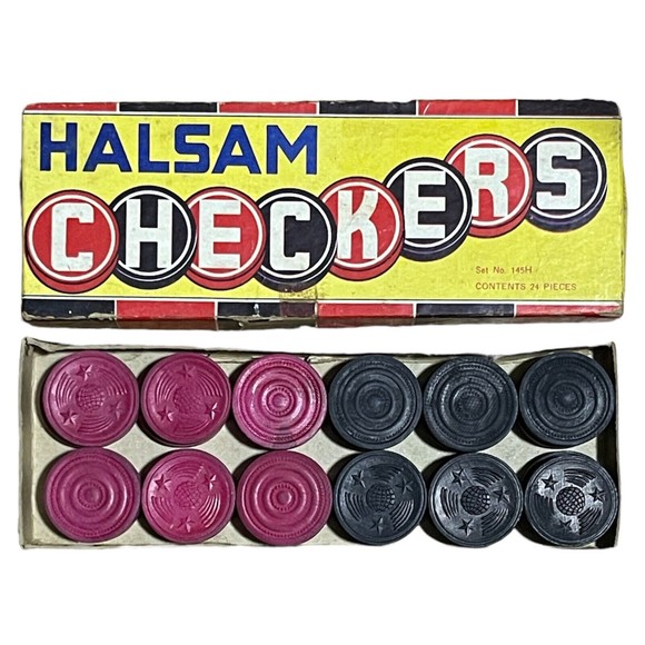 Vintage Halsam Embossed Wood Checkers 24 Pieces Original Box Set # 145H Complete - Picture 2 of 4